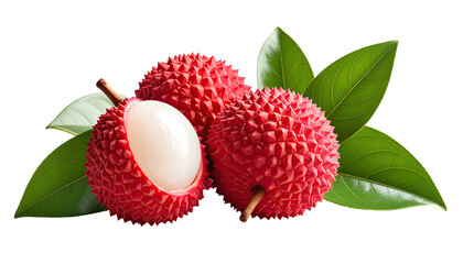 Lychees with bright green leaves on dark background