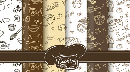 A set of seamless patterns featuring various desserts, such as cupcakes, donuts, and macarons, and baking accessories, such as a rolling pin, eggs, flour, sugar, mold, mixer, and milk. Perfect for cul