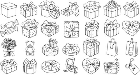 Black and White Outline Illustrations of Various Gift Boxes, Bows, Candies, Teddy Bear, Flowers, and Gift Tag