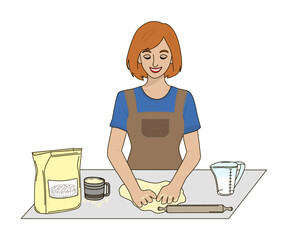 Woman smiling while kneading dough on a kitchen counter with flour and utensils nearby. This vector illustration depicts a joyful cooking scene, highlighting culinary skills.