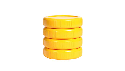 Stacked yellow plastic lids/caps, round. Isolated on black