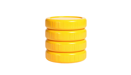 Stacked yellow plastic lids/caps, round. Isolated on black