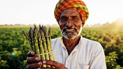 Elderly South Asian male farmer holds fresh asparagus, sense of pride and satisfaction, agricultural harvest during golden hour