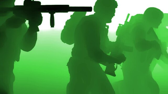 Silhouetted soldiers in tactical formation with weapons drawn, captured in a night vision aesthetic. Green-tinted mist adds a dramatic, covert operation atmosphere.