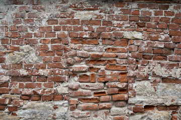 Red old brick wall background, wall rough and uneven, background for text, no person