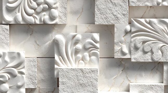 A layered, textured image showcasing white relief panels with floral and cracked-stone designs, arranged in a grid-like pattern