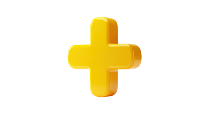 3D yellow plus sign isolated on black background, glossy