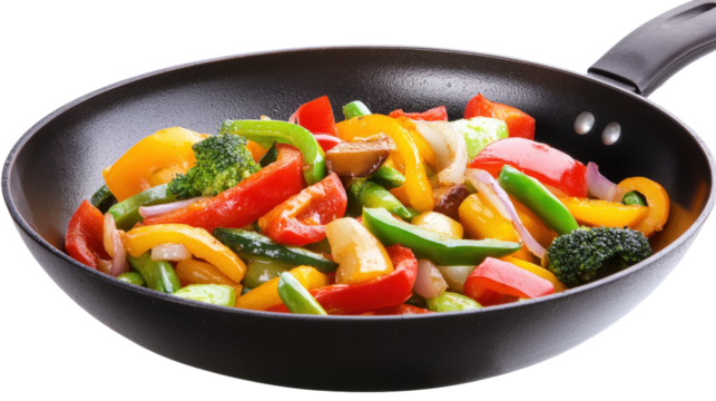 Stir fry vegetables in black pan isolated on a transparent background