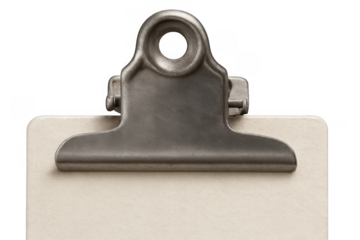 Vintage metal clipboard with blank retro paper notepad on transparent background, displaying a concept of memory, message, and task