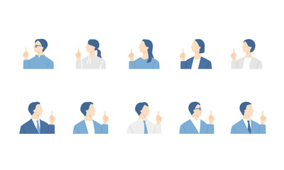 ひらめく、指差しをするビジネスパーソンのアイコンセット