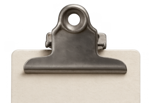 Vintage metal clipboard with blank retro paper notepad on transparent background, displaying a concept of memory, message, and task