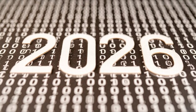 2026 made of binary code numbers, new year concept 