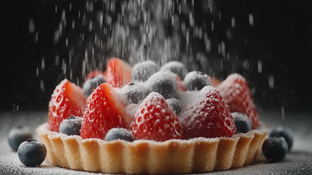Ultra-cinematic macro shot of powdered sugar falling gently over a fresh fruit tart. Slow-motion