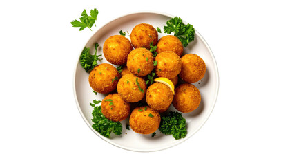 Arancini golden balls on plate, parsley and lemon garnish around