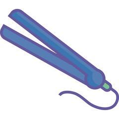 Stylized blue hair straightening iron with purple outline on a transparent white background isolated for beauty and salon use