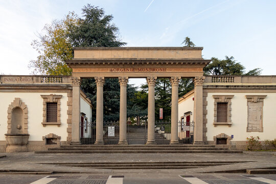 Abano Terme, Italy - Oct 28th, 2025: Elegant neoclassical entrance with tall columns at Parco Montirone 