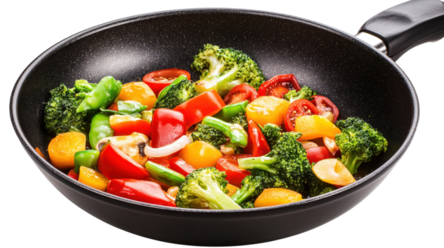 Stir fry vegetables in black wok isolated on a transparent background