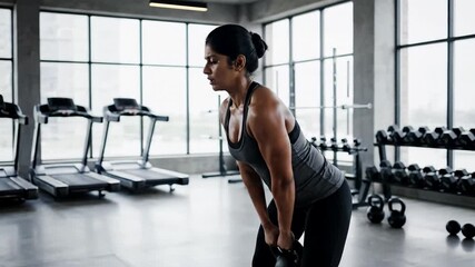 Focused woman exercising with kettlebell, dark-haired athlete training indoors with gym equipment, fitness motivation in urban setting - Powered by Adobe