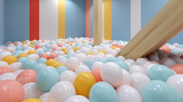 Soft Pastel Ball Pit with Wooden Slide in a Bright, Playful Indoor Environment.