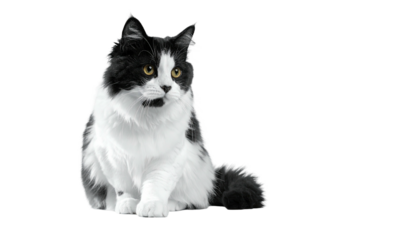 Black and white fluffy cat, yellow eyes, alert, sitting