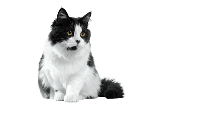 Black and white fluffy cat, yellow eyes, alert, sitting