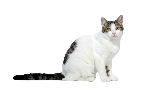 Seated cat, white with gray patches, isolated on black background