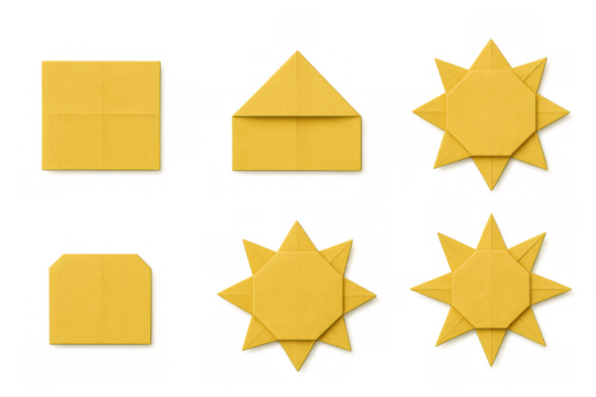 Yellow origami folding instruction steps creating a paper geometric star, craft activity on transparent background