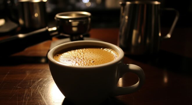 Close up of a freshly brewed espresso coffee in a mug with crema on a wooden table in a cafe