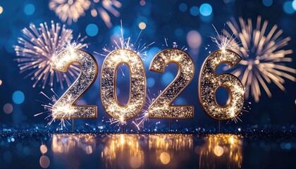 celebrate 2026 fireworks with glittering numbers against sparkling bokeh background, new years eve