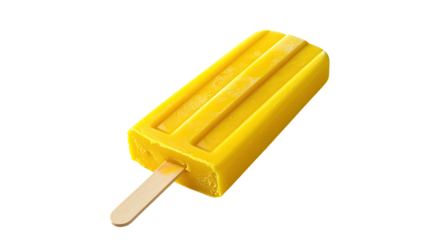 Rectangular, yellow ice pop on a wooden stick, against black - Powered by Adobe