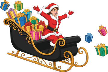 Female Santa riding festive sleigh full of colorful gift boxes, joyful Christmas illustration with holiday presents, celebration, winter festive artwork