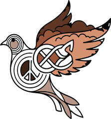 Flying dove vector with peace symbol and decorative geometric line design in warm brown tones