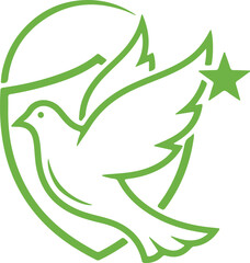 Green Dove Peace Shield Emblem with Star – Minimalist Line Art Vector Logo Design Symbol