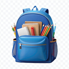 school backpack with books and school supplies in different color style  isolated on transparent background