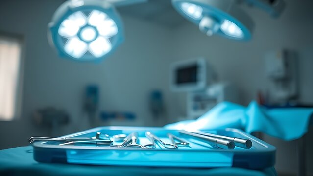 forceps. Clean medical setting with surgical tools under focused lighting, shallow depth of field. STEM education sheets.