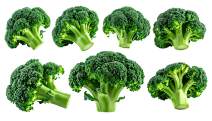 Seven broccoli florets showcase fresh, green cruciferous texture