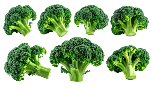 Seven broccoli florets showcase fresh, green cruciferous texture