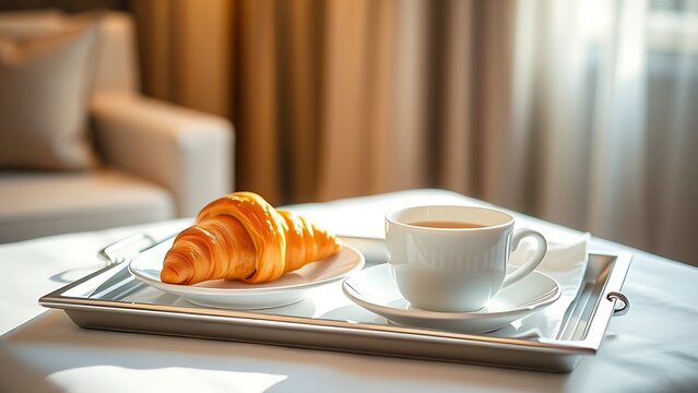 cuo. Hotel breakfast tray with croissant and coffee cup, bathed in morning sunlight. menu design, packaging mockups, designed for food delivery and cloud-kitchen brand materials.