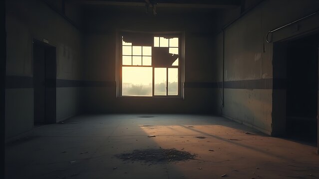 oligarchy. Urban ruin at dusk with soft light through a broken window onto a dusty floor. real-estate listings.