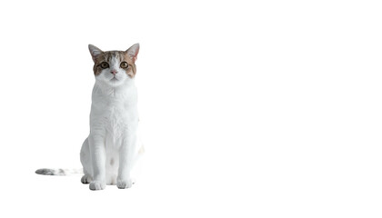 Seated cat with white & tabby fur against a black backdrop