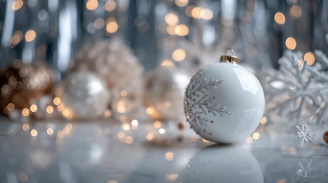 A clean, minimalist matte white surface reflecting subtle festive lights, with a central warm glow creating an elegant and understated holiday backdrop or product display.