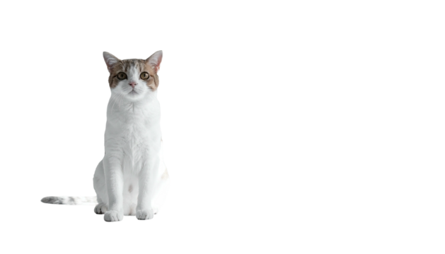 Seated cat with white & tabby fur against a black backdrop