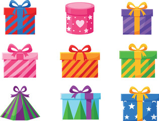 Colorful decorated gift boxes with ribbons and festive patterns, vibrant present collection perfect for celebrations, holidays, birthdays, party themes, cheerful design
