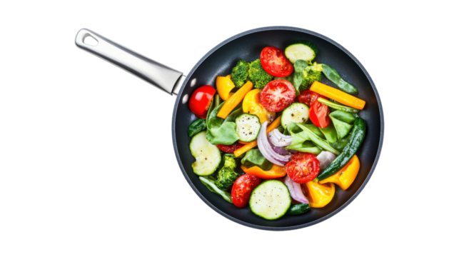 Stir fry vegetables in pan isolated on a transparent background