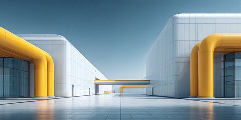 Modern industrial complex with large yellow pipeline elements and glass facades. Concept of energy infrastructure, facility design, utility routing and architectural engineering visuals.