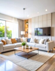 Blurred background of a bright and airy modern living room featuring natural light, cozy decor, and inviting seating arrangements