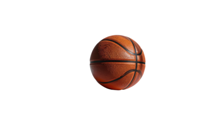 Basketball sphere floats center-right against stark black backdrop