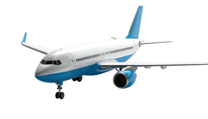 Blue and white passenger airplane in flight