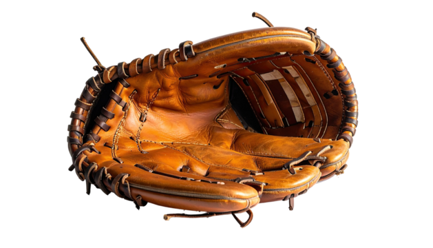 Worn leather baseball glove with strings