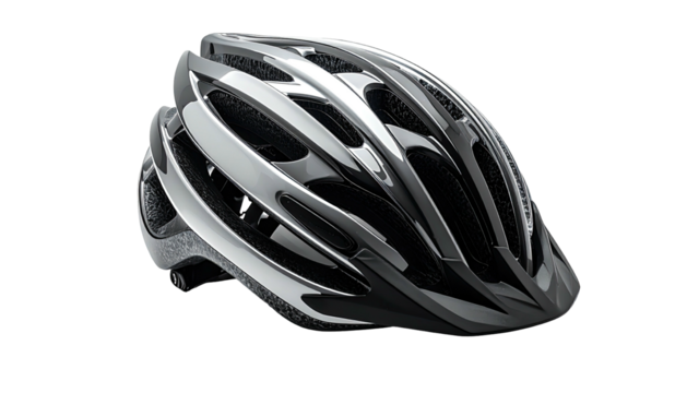 Silver and black bicycle helmet with ventilation